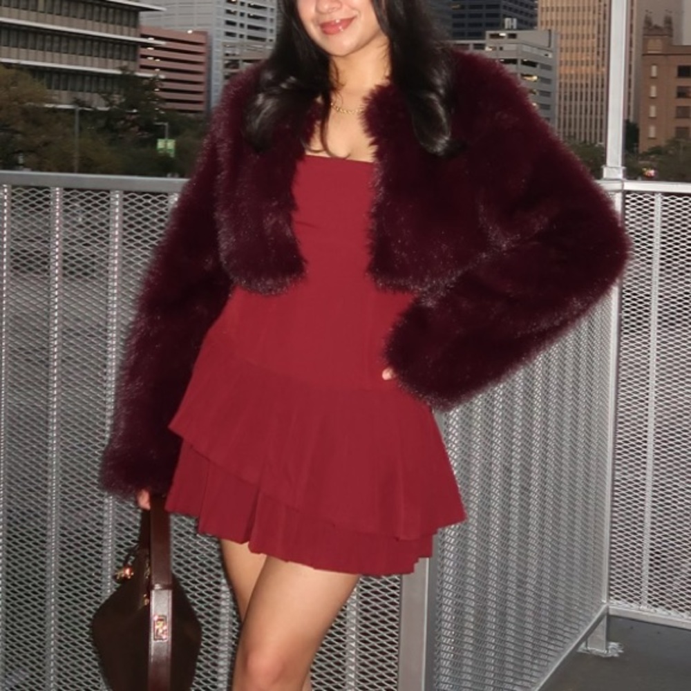 Burgundy Faux Fur Jacket and Dress